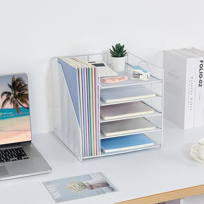 LEKETREE Desk Organizers and Accessories, 5-Tier Paper Letter Tray Organizer with File Holder, Desktop Organizer for Office Supplies (White)
