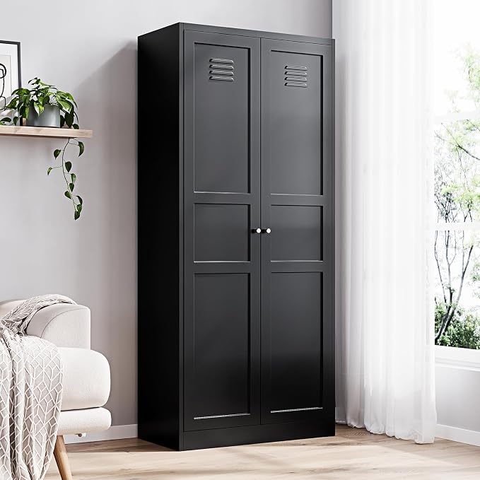 Yizosh Metal Storage Cabinet with 2 Doors and 5 Adjustable Shelves - 71" Black Kitchen Pantry Storage Cabinet, 5-Tier Tall Steel Cabinet Locker for Kitchen, Living Room, Dining Room