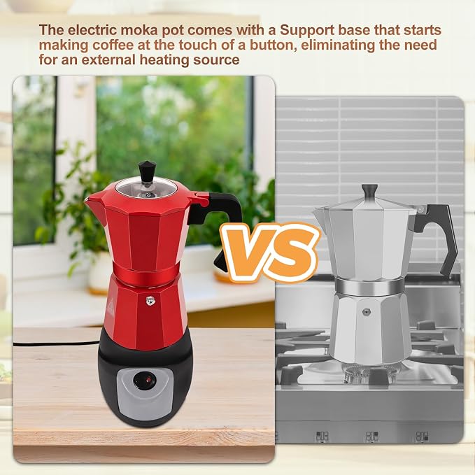 Electric Aluminum Moka Pot 3-6 Cup 150-270ml Espresso Maker | with Detachable Base Ideal Coffee Makers for Home MochaPot Italian and Cuban Café Coffeemaker Espressomaker CoffeePot Red