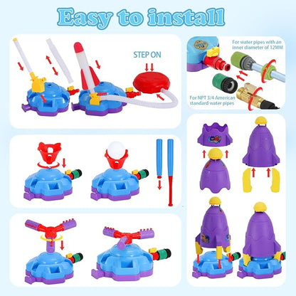 4-in-1 Water Sprinkler Toys for Kids, Outdoor Water Baseball, Rotating Water Spray, Rocket Launcher for Toddlers 3-5, Backyard, Garden, Lawn, and Pool Summer Playset for Boys and Girls Aged 4-12.