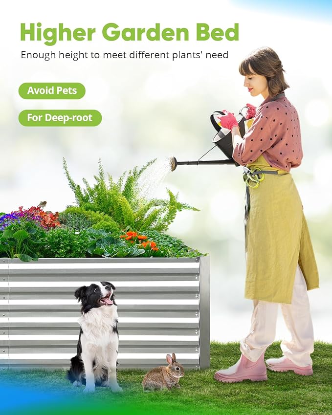 Quictent Galvanized Raised Garden Bed 8x4x2 Ft Tall Metal Planter Box for Vegetables Outdoor Bottomless for Backyard, 2 Tomato Cages Included, 22.04" Deep (Silver)