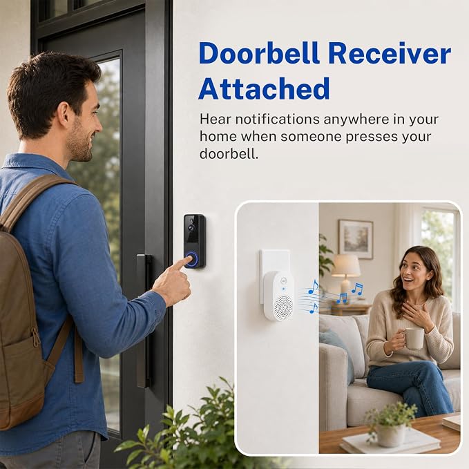 Doorbell Camera Wireless, 1080P Video Doorbell Camera Battery Powered, Security Camera with AI Human Detection, 2-Way Audio, Night Vision, Cloud Storage, 2.4G WiFi, Front Door Camera for Home Security