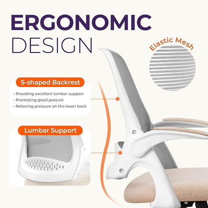 NEO CHAIR Office Desk Gaming Ergonomic Computer Chair with Lumbar Back Support Adjustable Height Swivel Rolling Wheels Flip-up Arms Mesh Chair for Home Vanity (Beige) | Lumbar Support, Height Adjustment, 360° Swivel and Rolling Base, Space-Saving Desig...
