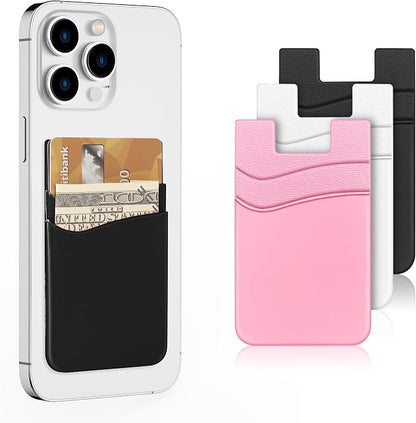 SHANSHUI Phone Card Holder, Double Silicone Cellphone Wallet Stick On Credit Card Holder Phone Pocket for Almost Smartphones & Case - Pink White Black /3pcs