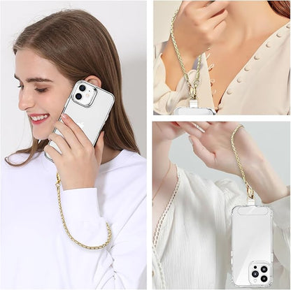 Phone Wrist Strap Metal Phone Chain Lanyard Hand Wristlet Detachable Phones Charm with 3 Tether Tabs with CellPhone Stand Holder Finger Grip Universal for Women Girls Traveling Party Walking Gold