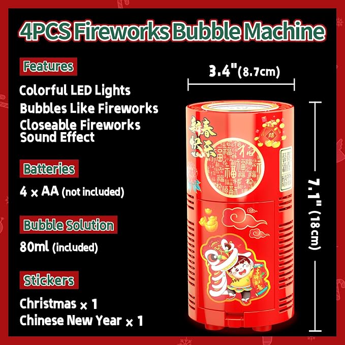 Bubble Machine (4PCS, 13 Holes) with LED Lights, Automatic Bubble Blower Toys, Portable Bubbles Maker for Wedding Christmas Chinese New Years Party Decorations, Kids Birthday Gifts, Balloons Banner