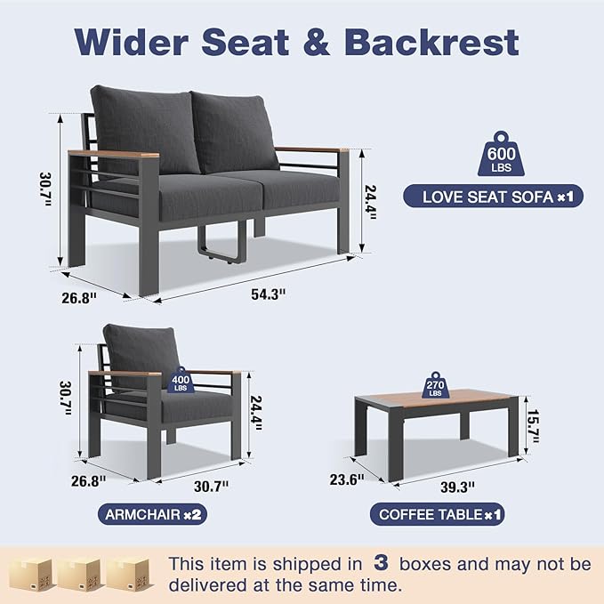 Aoxun Aluminum Patio Furniture Set 4 Seats, Oversized Outdoor Sectional with Washable Cushions, Coffee Table and Waterproof Cover, Patio Conversation Sets for Porch, Balcony, Deck