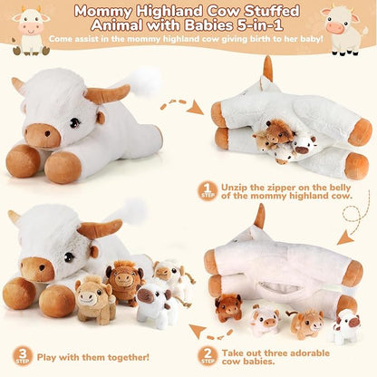 gnomantic Highland Cow Stuffed Animals with Babies, Mommy Toy for Kids | 5-Piece set: 1 mommy highland cow + 4 surprise babies inside. Unzip belly to reveal babies. Ultra-soft, safe for ages 3-8.