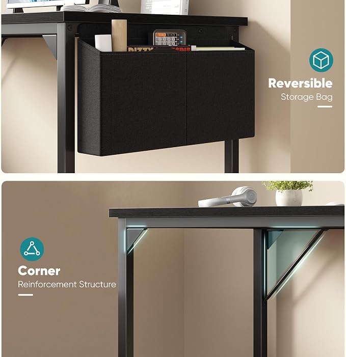 OLIXIS Computer Desk, 63 Inch Gaming Desks for Home Office Small Spaces | Writing Study Craft Work Table, Computer Workstation for Bedroom with Storage Bag, Black