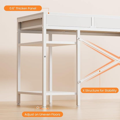 Sweetcrispy 47" Computer Desk with 6 Fabric Drawers & Storage Shelves | Reversible Gaming Desk, Office Desk, Computer Workstation, Corner Desk with Storag, Home Office, Living Room, White