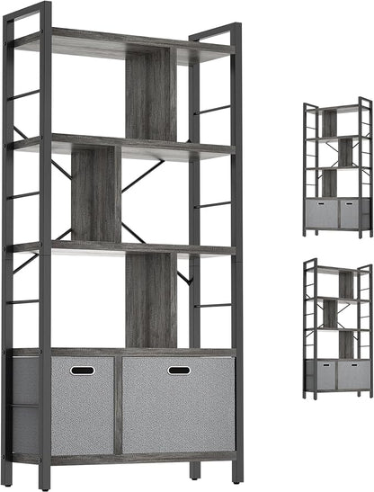 Armocity Bookshelf with Drawers - 5 Tier Tall Bookcase Geometric Modern Book Shelf Display Standing Bookshelves with Storage for Living Room, Bedroom Home Office, Grey Oak
