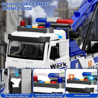 Crane Tow Truck Toy for Car Truck Rescue Police Pickup Road Clearance Vehicle Construction Vehicles Lights Sounds Christmas Birthday Easter Gift for Kids Boys 3 4 5 6 7 8 Years Old Double Hook