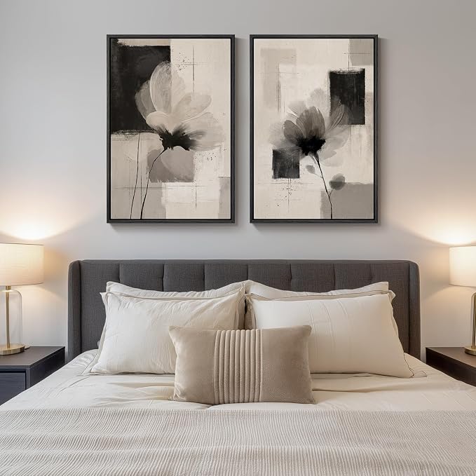 Large Framed Neutral Abstract Floral Wall Art, Set of 2 Black and Beige Modern Canvas Prints Paintings Artwork for Walls, Minimalist Pictures for Living Room, Dining Room, Bedroom Wall Decor 24x36 In
