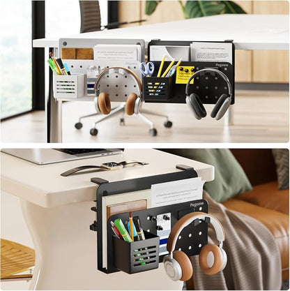 PEGZONE Desk Side Storage Organizer, Fits Flat Edge 0.4" to 2.2", Black | No Drill Under Desk Laptop Holder, Clamp on Desks Shelf with Pegboard Accessories, Hanging Laptop Mount