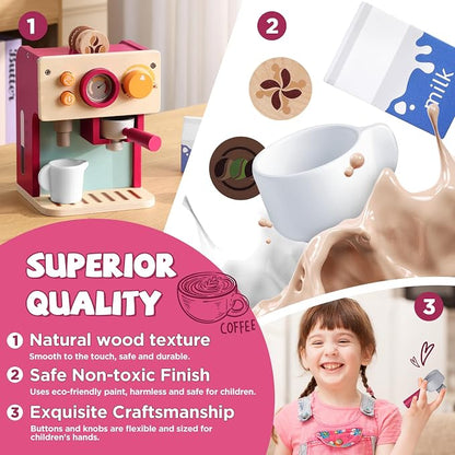 GAGAKU Wooden Coffee Machine Toy for Toddlers, Montessori Learning Toys for 3 4 5 Year Old Girls & Boys, Realistic Pretend Play Kitchen Accessories with Espresso Maker & Latte Art Set