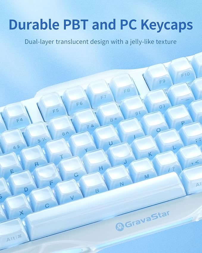 GravaStar Mercury K1 75% Wireless Mechanical Gaming Keyboard RGB Backlit | Gasket Mount, Hot Swappable Linear Switches, Creamy Sound Keyboard, 2.4GHz/USB-C/Bluetooth 5.0, for Win/Mac【Ice Blue】