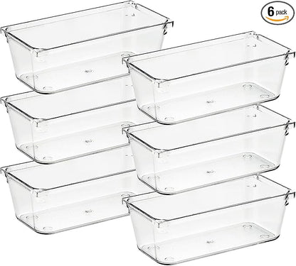 Ravinte 6 Pack Drawer Organizer, 3" x 6" Plastic Storage Bins | Acrylic Tray Design, Non-Slip Pads, For Makeup, Jewelry, Kitchen Utensils, Bathroom, Office Storage