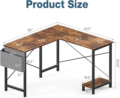 OLIXIS L Shaped Desk, 50-Inch Office Computer Gaming Desks Corner PC Table with Side Bag and Reversible Shelf for Home Work Study Writing Rustic Brown | Side Bag, Reversible Shelf, Home Work Study Writing, PC Workstation, Easy Assembly, Rustic Brown