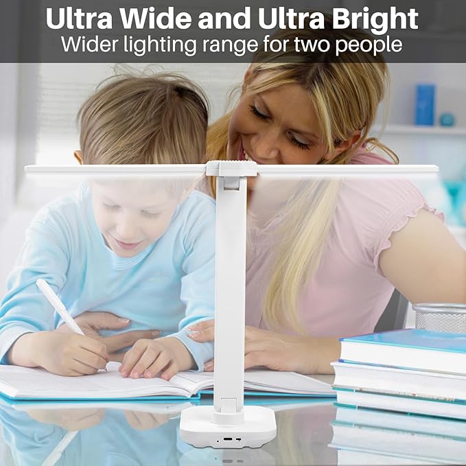 LED Desk Lamp Dimmable Double Head Reading Lamp with USB Charging Port, 3 Lighting Modes, Sensitive Control, Eye-Caring Office Lamp for Study Reading Drafting (White)