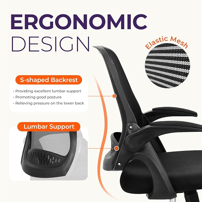 NEO CHAIR Office Desk Chair Computer Gaming Ergonomic Lumbar Back Support with Flip-up Padded Armrest Adjustable Height and Wheels for Home Vanity Bedroom Study (All Black) | Lumbar Support, Height Adjustment, 360° Swivel and Rolling Base, Space-Saving...