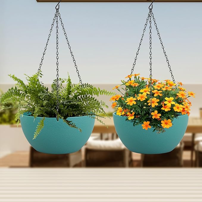 10 inch Hanging Planters for Indoor Outdoor Plants, 2 Pack Hanging Flower Pots with Drainage Holes and Chain for Garden Porch, Plastic Hanging Baskets for House Plants, Blue Green