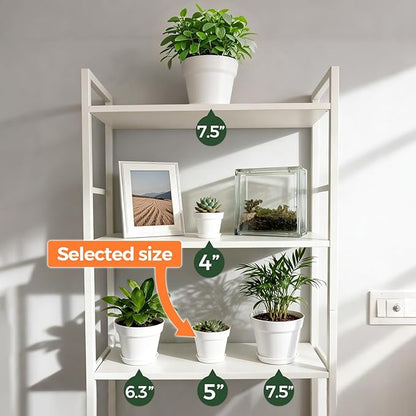 T4U 5 Inch Plant Pot 8-Pack, Plastic Pots with Drainage Hole and Saucer, Decorative Flower Pots Bulk for African Violet, Snake Plant, Succulent and All House Plants Indoor (8pcs 5" Pots, White)