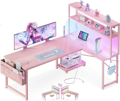 ODK 53" L Shaped Gaming Desk with Shelves, LED & Outlets, Pink | Headset hook. Storage bag. Shelves for makeup & gaming gear. LED for late-night gaming. Reversible. Fits dual monitors.