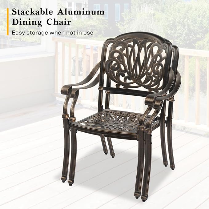 VINGLI 7-Piece Outdoor Dining Set, Cast Aluminum Patio Furniture Set for 6 with Umbrella Hole, Rectangular Outdoor Dining Table & 6 Stackable Chairs, All-Weather Garden/Poolside Dining Set Bronze