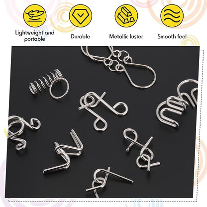 Metal Wire Puzzle Set of 8 with Pouch, Brain Teaser Puzzles IQ Test Ring Disentanglement Unlock Interlock Game Trick Metal for Party Favor Challenge(A Style)
