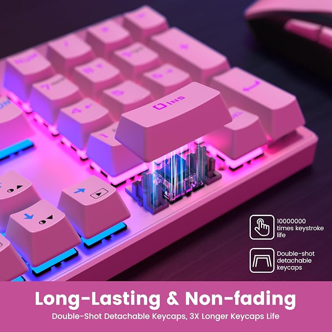RisoPhy Mechanical Gaming Keyboard, Wired RGB 104 Keys, Blue Switch, Pink | Ultra-Slim Backlit USB Wired Keyboard, Durable ABS Keycap/Anti-Ghosting/Spill-Resistant Keyboards for PC Mac Xbox Game