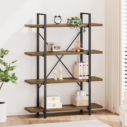 HSH Industrial 4 Tier Bookshelf, Modern Metal and Wood 4 Shelf Bookcase Etagere, Farmhouse Open Wide Display Storage Bookshelves and Bookcases Heavy Duty for Bedroom Living Room Office, Rustic Oak