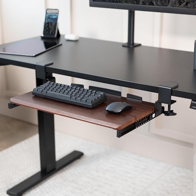 VIVO Small Keyboard Tray, Under Desk Pull Out with Extra Sturdy C Clamp Mount System, 20 (26 Including Clamps) x 11 inch Slide-Out Platform Drawer, Dark Walnut Top, Black Frame, MOUNT-KB05ES-D | Keyboard Tray for Typing, Slide Out Platform, Extra Sturd...
