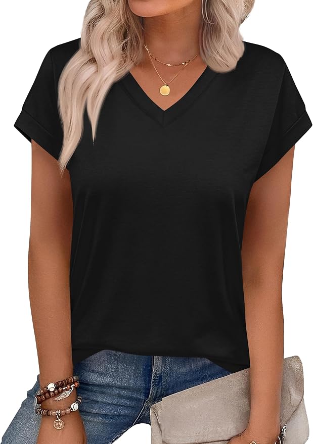 Rapbin Womens Summer Tops Women Blouses Dressy Casual V Neck T Shirts Short Sleeve Spring Tops for Women