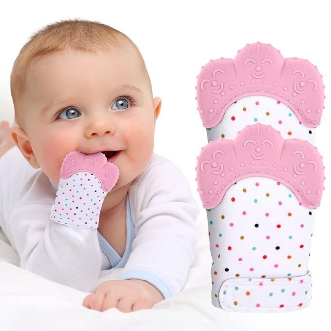 2Pack Silicone Teething Mitt, Soothing Infant Teething Mitten Pain Relief, Prevent Scratches Glove, Safe Silicone Teething Toys for 0-12 Months