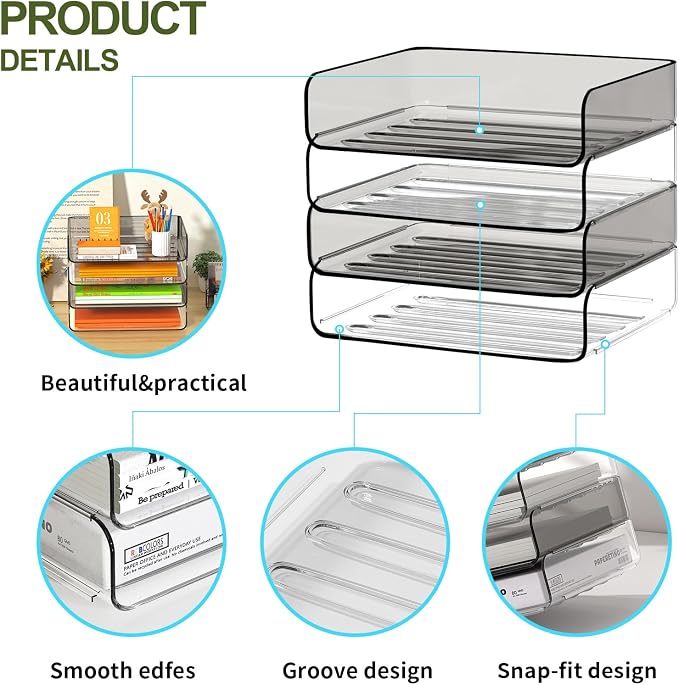 FANXIYQ 4-Tier Acrylic Paper Tray Organizer, Clear & Brown Paper Organizer | Stackable, Tool-Free Design with 2-4 Tiers for A4 Paper, Files, Books and Mail; Ideal for School, Home Office and Study Room