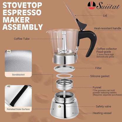 9 Cup 450ml Glass Moka Pot, Stovetop Espresso Maker, Silver | Crystal Glass-top & Stainless Steel Coffee Maker, Induction Compatible, for Greca de Cafe, Cuban and Italian Coffee Brewing