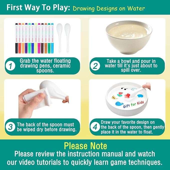 Magical Drawing Pens for Kids Water, Kiddies Create Magical Floating Drawings Bundle, 12 Colors Magic Water Painting Marker Set with 2 Spoons, Water Art Pen Kit for DIY Tattoo, Gifts for Boys & Girls