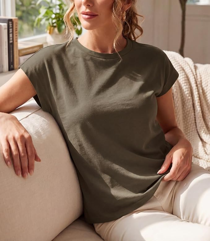 GRECERELLE Womens Summer Tops Cap Sleeve Crew Neck Basic T-Shirt | Everyday Casual Wear, Layering Friendly, Wrinkle-Resistant, Business Casual Ready, Lightweight & Packable, Capsule Wardrobe