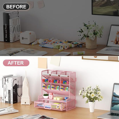 Marbrasse Larger Mesh Desk Organizer with Drawer, Multi-Functional Pen Pencil Holder, Easy Assembly, Desk Organizers and Accessories for Office Art Supplies (Pink)