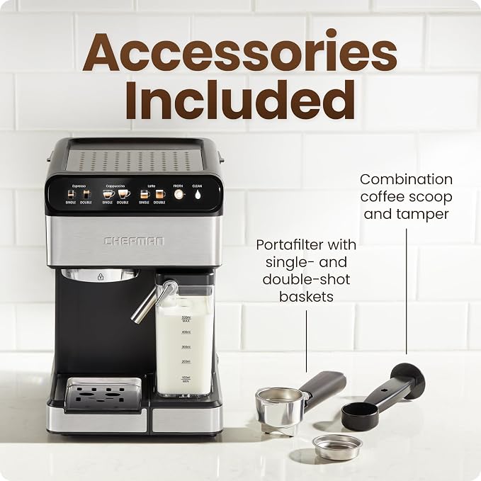 Chefman CaféMaster Pro Espresso Machine, Brew Single or Double Shots, Coffee Maker with Built-In Milk Frother for Cappuccino & Latte, XL 1.8 Liter Removable Water Reservoir - Stainless Steel