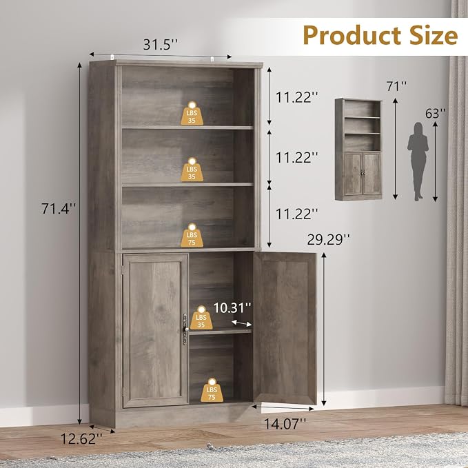 Thacuok 72'' Tall Bookcase with Doors, Adjustable Shelves, P2 MDF Construction, 32'' Wide Freestanding Cabinet with Metal Handles, Hidden Storage for Living Room, Bedroom