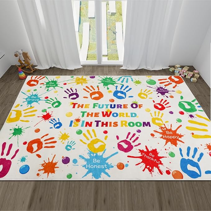 Colorful Kids Rug, Washable Rug for Kids, Handprints Area Rugs for Kids Bedroom, Non-Slip Play Mat Ultra Soft Thick Indoor Plush Rugs for Playroom Classroom Nursery Decor (59 X 39.4 INCH)
