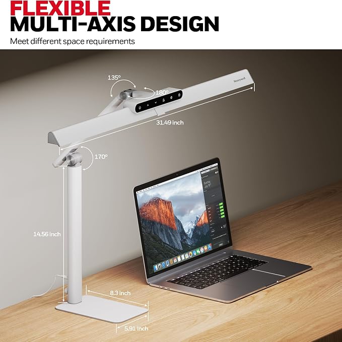 Honeywell LED Desk Lamp with Base - HJ1WT Sunturalux Eye-Caring Architect Desk Lamp for Home Office, 1200LM Computer Desk Light 4 Color Modes Stepless Dimming Task Desk Light with Timer Function White