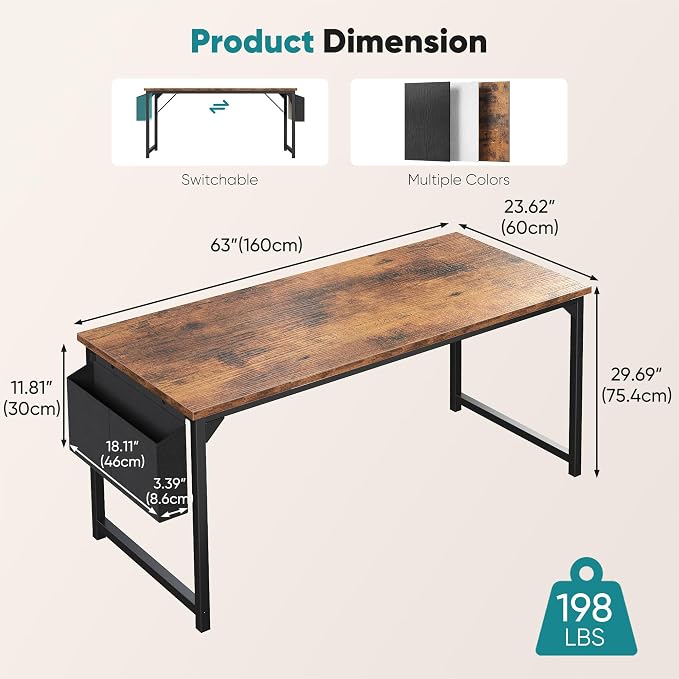 OLIXIS Computer Desk, 63 Inch Gaming Desks for Home Office Small Spaces | Writing Study Craft Work Table, Computer Workstation for Bedroom with Storage Bag, Rustic Brown
