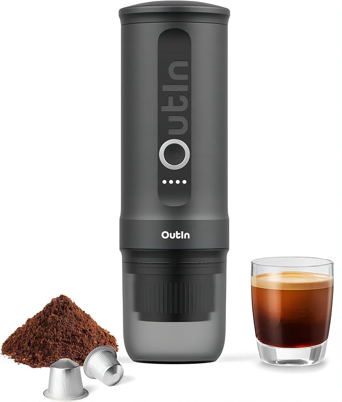 OutIn Nano Portable Electric Espresso Machine, Travel Coffee Maker | Self-Heating USB-C Car Coffee Maker for Ground Coffee & NS Capsules, Ideal for Camping, RV, Hiking and Office, Space Gray