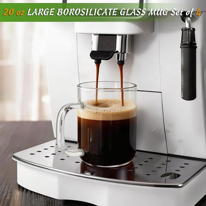 DRASTAR Glass Coffee Mugs, 20 oz Clear Coffee Cups, Coffee Mug with Acacia Wood Lid, Tea Glass Cups with Handles, Large Coffee Mug Set of 4, Glass Coffee Cups for Latte, Espresso, Tea