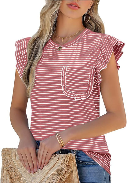 JUSTFASHIONNOW Womens Summer Tops Striped T-Shirts 2026 Ruffle Short Sleeve Crew Neck Casual Blouses with Pocket