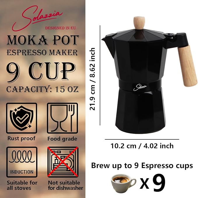 9 Cup Stovetop Espresso Maker Italian Moka Pot, Stove Top Cuban Coffee Maker, Greca Mocha Pot(Premium+, 15 oz/450ml)