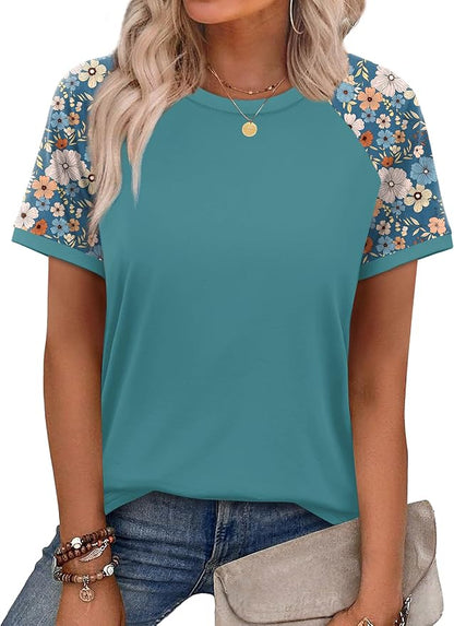 WIHOLL Womens Summer Tops Color Block Short Sleeve Raglan Shirts Spring Fashion Clothes Vacation Outfits
