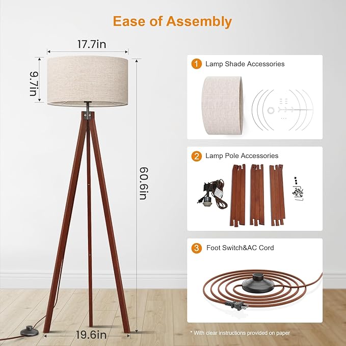 LEPOWER Tripod Floor Lamp Mid Century Modern Standing Lamps for Living Room | Light-Diffusing Linen Shade, Premium Rubberwood Tripod with E26 Base, Adding Warmth to Bedroom, Office & Study Corner Brown